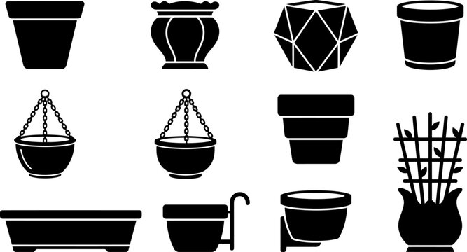Various plant pot and container silhouettes set including hanging baskets and wall mounted planters with geometric and traditional shapes for gardening and design.