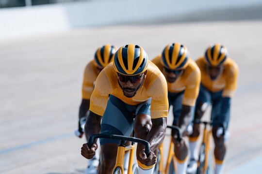 Track cycling team racing on velodrome in yellow skinsuits for sports banner background and athletic training design