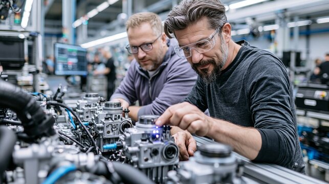 Technicians inspecting diesel engine throttle units focusing on sensor integration and quality control in a hightech production facility.