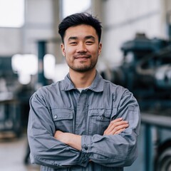 Fototapeta premium Confident factory technician portrait with folded arms in workshop environment for employee profile and manufacturing website or brochure