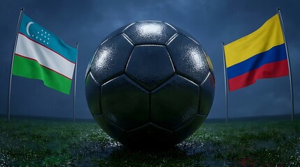 Naklejka premium Soccer ball on grass field with national flags at dusk under stadium lights