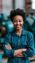 Fototapeta premium Smiling female workshop technician with crossed arms in factory setting portrait for recruitment banner and team profile design