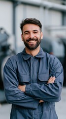 Obraz premium Smiling worker in blue coveralls with crossed arms for industrial portrait and employee profile background
