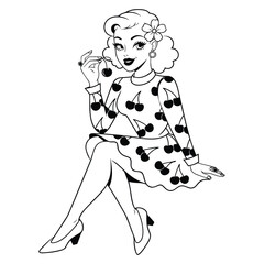 Obraz premium Black and white of a woman in a cherry print dress sitting with a cherry