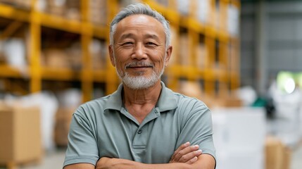 Obraz premium Warehouse supervisor portrait of a smiling asian man facing camera with folded arms in storage facility for team page and marketing banner