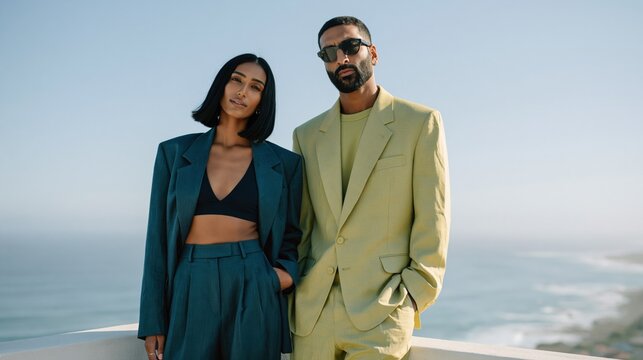 Couple in oversized teal and lime suits with bralette and sunglasses by the coast for fashion banner and editorial background
