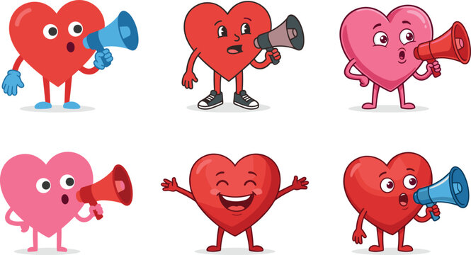 Set of cute heart characters with megaphones and happy expressions for love, valentine, and announcement design projects