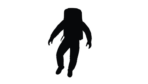 Silhouette of an astronaut in a spacesuit floating in zero gravity against a plain white background.