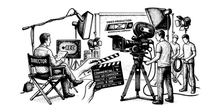 TV Commercial Stipple Black White-Film Camera Clapperboard Director-Video Production Vector-Commercial Icon Stipple-Advertising Design Set