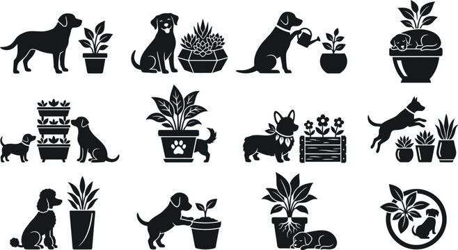 Professional canine and gardening silhouette icons pack including various dog breeds like poodle corgi and labrador sitting near lush potted plants and succulents.
