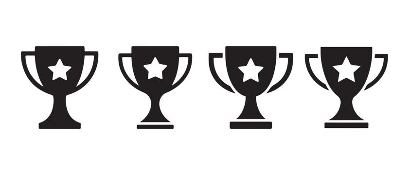 Black trophy cup icons with stars arranged in a row representing achievement and success in a minimalist flat design.