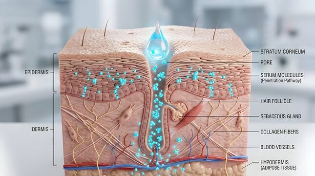 3D cross-section of human skin anatomy showing serum absorption and hydration