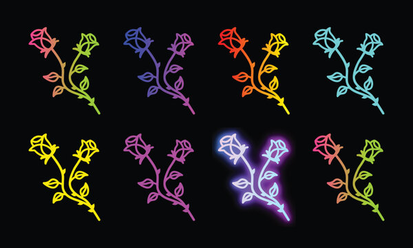 Twin rose stems neon vector set showing vibrant gradient color styles for creative layouts.