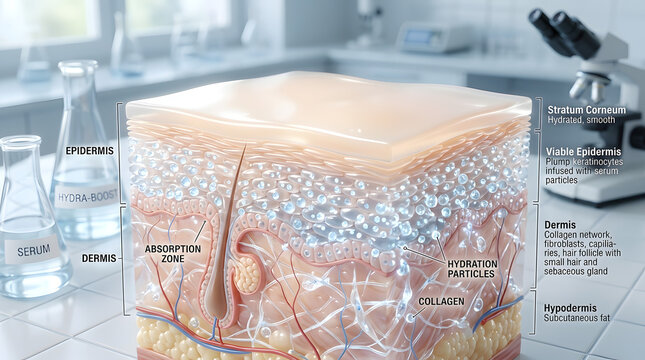 Skin layers anatomy with serum absorption