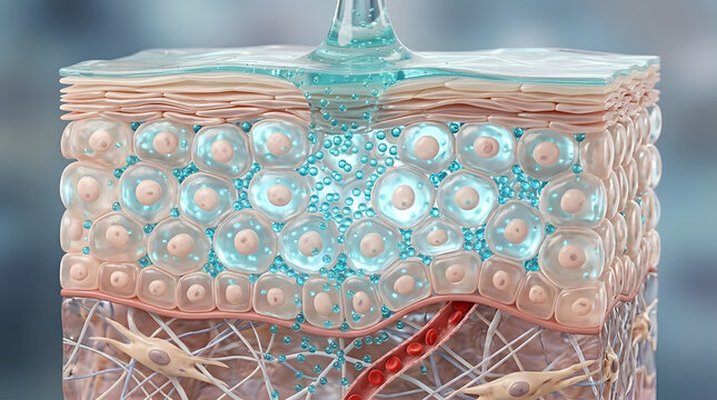 Close-up of hydrated skin cells absorbing serum