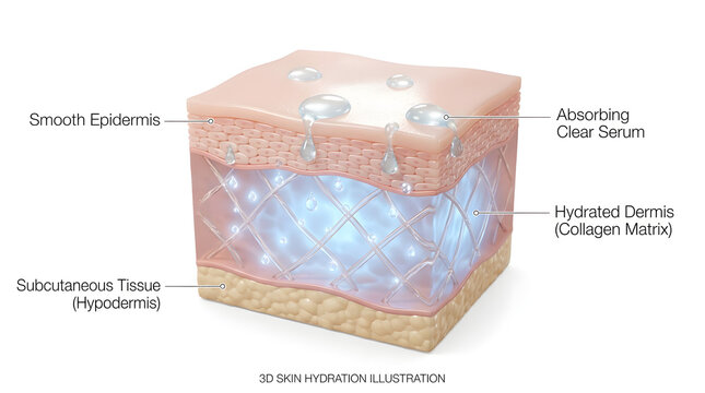 Skin layers absorbing moisturizer, hydrated skin structure