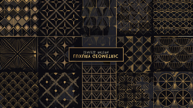 Geometric art deco patterns showcase a collection of repeating designs in black and gold tones pattern design vector illustration decorative ornament