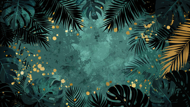 Tropical foliage pattern with monstera leaves and palm fronds in teal and gold tones botanical plant flora jungle leafy greenery vegetation