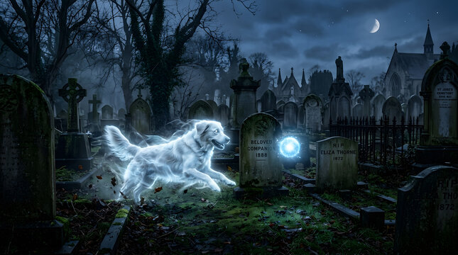 Ghost dog running through a spooky graveyard at night