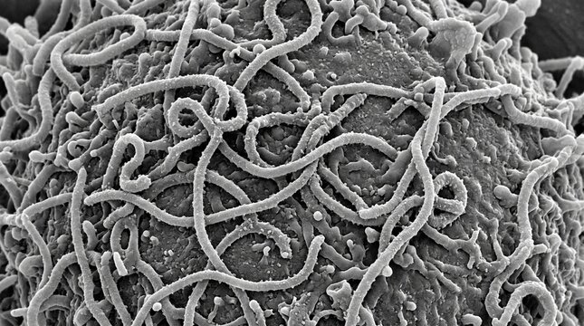 Scanning electron micrograph of ebola virus particles budding from a cell