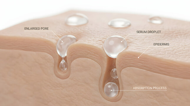 Serum absorption through skin pores, close-up