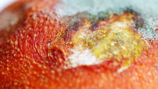 Mold growing on an orange in close-up frames