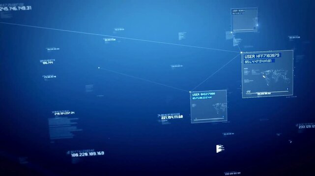 Futuristic digital data interface, blue high-tech background with floating information panels, global network connection and cyber security concept