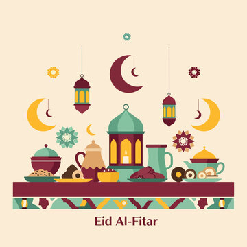 Eid Al Fitar festive colorful decorations.