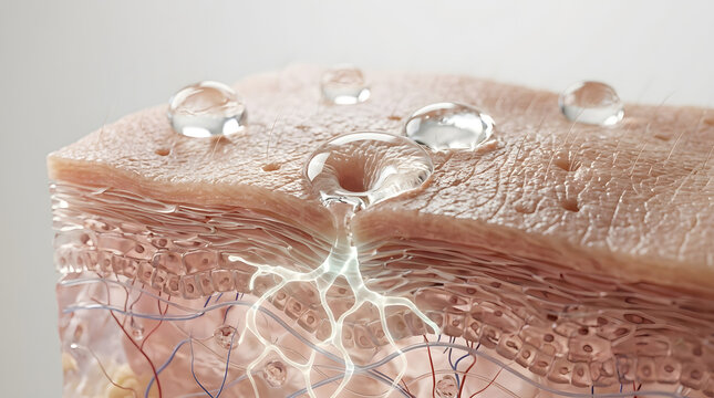 Close-up of serum drops absorbing into skin