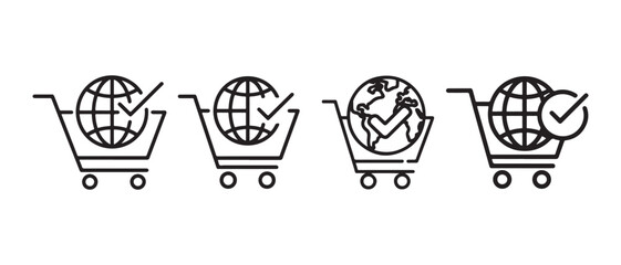 Shopping cart with globe and check mark icons, representing online shopping and global commerce options. © Safali