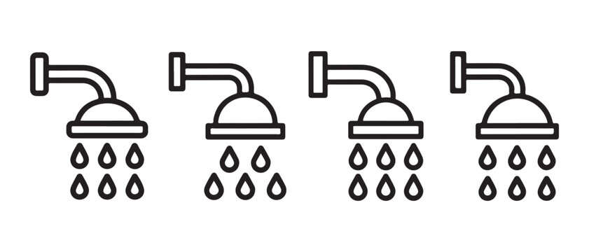 Set of four shower heads with water drops, line art icon.