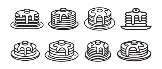 Set of eight simple line art icons of pancakes with syrup and a berry on top, presented on plates. © Safali
