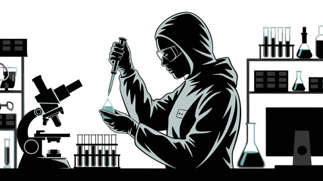 Scientist in protective gear working with chemicals in a laboratory setting with various equipment
