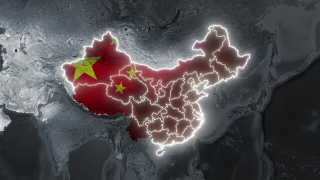 China and India map animation with national flags overlay glowing borders and Chinese provinces
