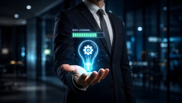 Businessman holding glowing lightbulb hologram with gear and idea loading progress bar, representing innovative thinking and creative business solutions