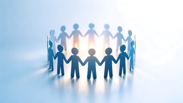Circle of interconnected people figures holding hands symbolizing teamwork community support and global network collaboration