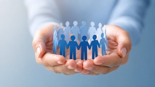 Two hands gently holding a circle of paper people figures representing social responsibility community care and diversity