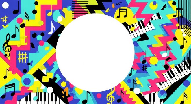 Abstract colorful background with musical notes and piano keyboard, circle frame.