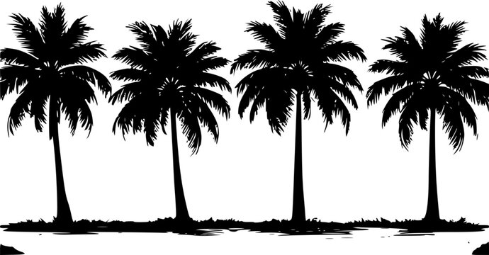 Silhouettes of four distinct palm trees with textured leaves and trunks in black ink
