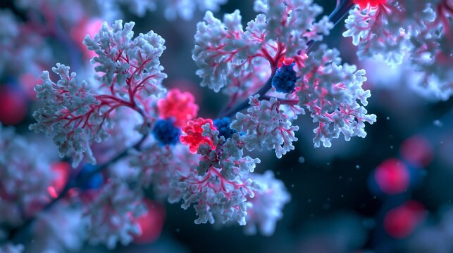 Medium shot of glowing 3Drendered gut microbiome clusters forming intricate corallike branches with sharp focus on red and blue immune cells set against a softly blurred backdrop.