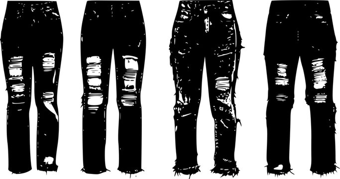 four grunge distressed jeans silhouettes with textured worn and torn patterns
