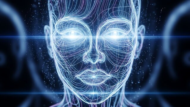 Futuristic Digital Human Face with Glowing Eyes and Circuitry Patterns.