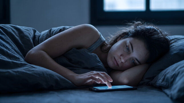 Young woman in bed at night using smartphone, illuminated by the screen, feeling stressed or anxious