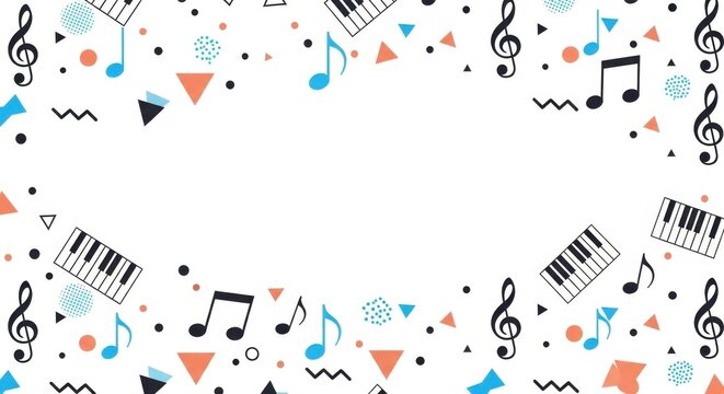 Elegant musical pattern background with piano keys and treble clefs in soft pastel tones.