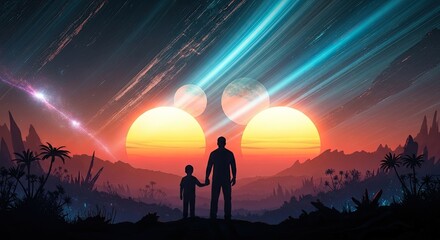 Fototapeta premium Happy fathers day silhouette of dad and child watching futuristic alien sunsets together