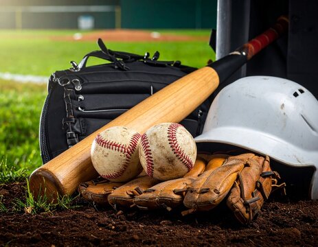 部活動・スポーツの情熱：グラウンドに置かれた、使い込まれた野球用具一式（バット、グローブ、ボール、ヘルメット）
