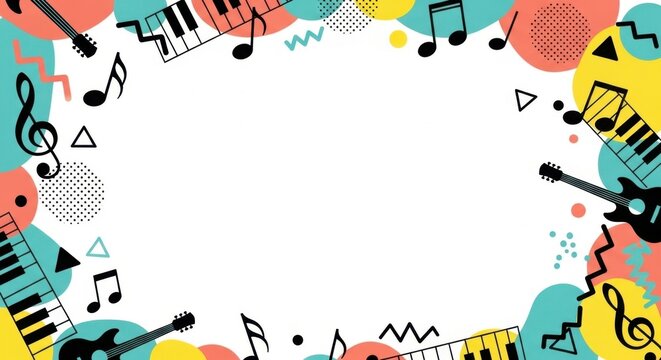 Retro music frame with instruments and abstract shapes on white background.