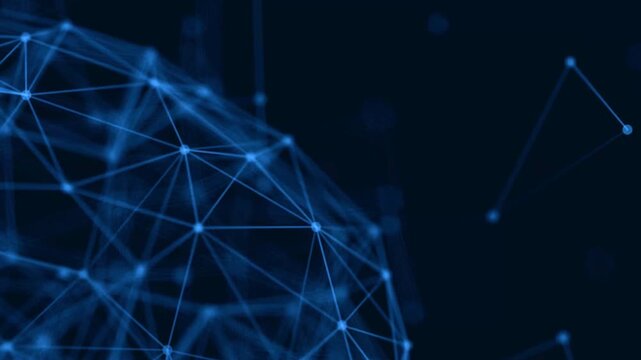 Abstract blue plexus sphere animation, glowing digital network connection background, futuristic technology data structure for corporate presentations
