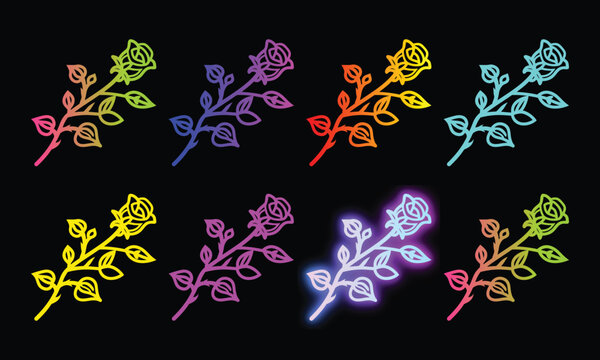 Floral branch decorative elements with colorful gradients on black background.