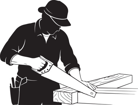 Man sawing wood with handsaw person worker carpenter